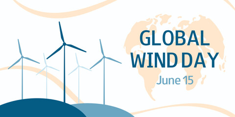 Wind turbines on the white background. Global Wind Day. June 15. Horizontal banner, card, flyer. 