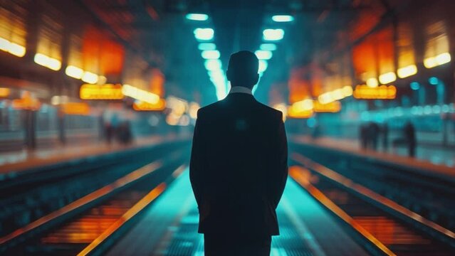 A man stands on a train platform in a suit 4K motion