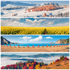 Set of beautiful panoramic views of the four seasons. Stunning landscapes of snowy mountains, foggy...