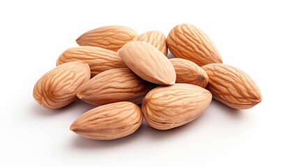 A close-up HD image of a heap of almonds isolated on a white background, showcasing their smooth,...