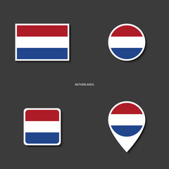 Netherlands flag icon set in different shape (rectangle, circle, square and marker icon) on dark grey background.