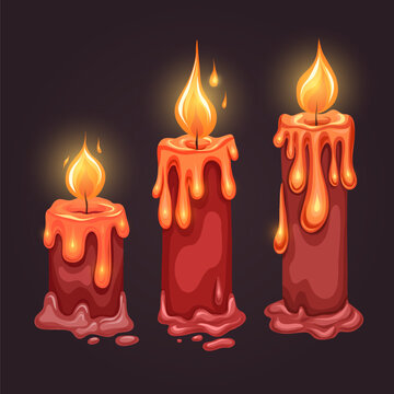 Vector set of cartoon candles with lights. Collection of cliparts of wax candles on a dark background for mobile games, condolence letters and invitations