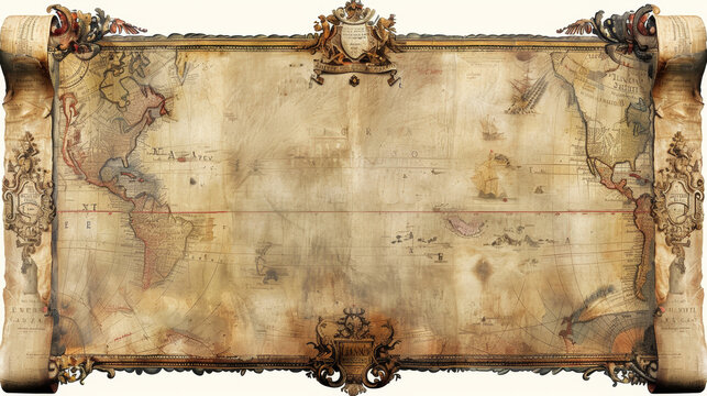 A map of the world is shown with a scroll on the left side. The scroll is decorated with gold and red designs. The map is very old and has a vintage feel to it