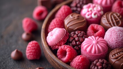   A wooden table holds a bowl brimming with assorted chocolates, garnished by raspberries atop Nearby, an untouched mound of fresh rasp