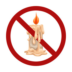 Vector prohibition sign with cartoon burning candle isolated on background. Celebrating birthdays is prohibited. Grieving is forbidden. - 774670337