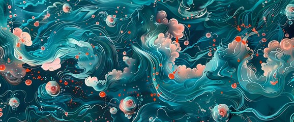 Blush pink tendrils creating mesmerizing patterns over a canvas of deep oceanic teal. - obrazy, fototapety, plakaty