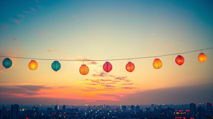 View over cozy outdoor terrace with outdoor string lights. beautiful house with lanterns_ - obrazy, fototapety, plakaty