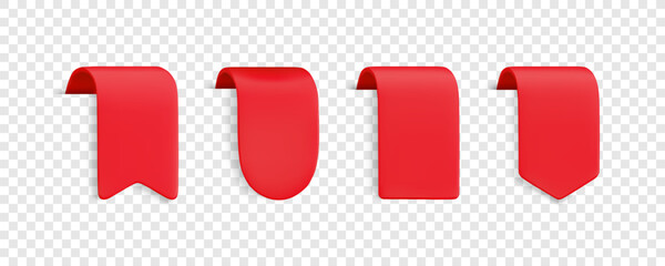 Vector Realistic 3d Red Ribbons set. Vintage design element, decorative bookmark sticker with shadow on transparent background. Cartoon 3d vertical ribbon tag for sale banner, price tag, game, app.