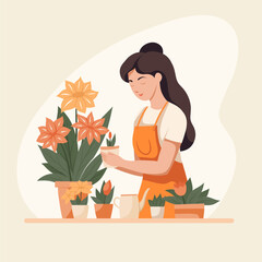 Vector flat illustration of a cute woman gardener in an apron with flowers in pots. Hobbies floristry and a pleasant pastime. Illustration for articles and postcards - 774670543