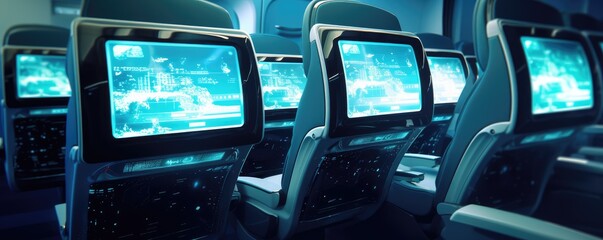 Airplane cabin with illuminated seat screens