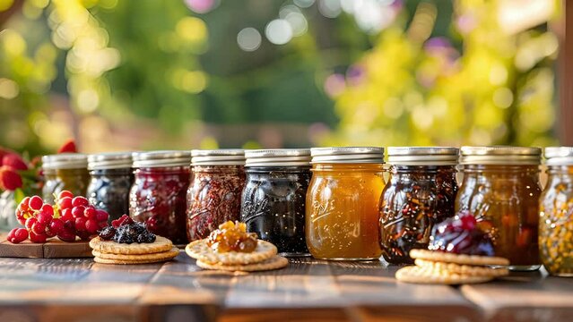 A table lined with mason jars filled with different flavors of homemade jams and spreads for topping crackers and bread.
