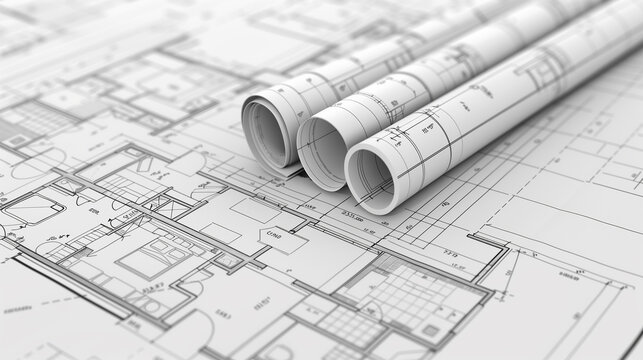 Architectural Blueprints of Building Design
. An array of rolled and unrolled architectural blueprints featuring detailed building plans, highlighting the precision of engineering design.
