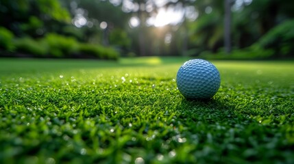  Golf ball atop green grass Sun filters through background trees