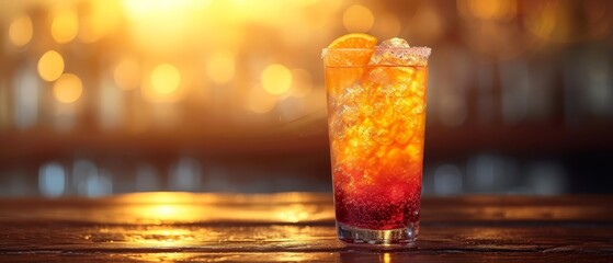  An orange-red beverage sits atop a weathered wooden table Nearby, a glass holds ice and a float of orange slice - obrazy, fototapety, plakaty