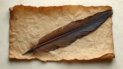   A brown feather atop a white table, with a piece of paper and a pen nearby