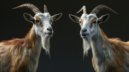 Two goats with long hair and horns facing each other. One goat is brown and the other is white