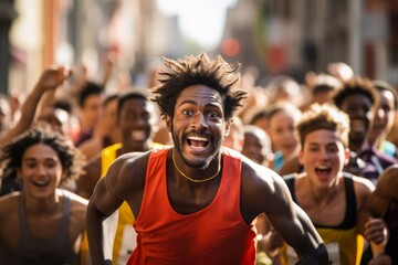 
Capture the intensity of a runner's focused gaze as they navigate through a crowd of cheering spectators during the marathon - obrazy, fototapety, plakaty