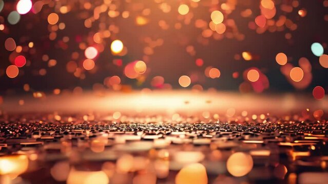 Creative sparkling dance floor stage, empty podium, red golden background with lights, glittering confetti and bokeh