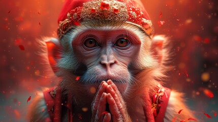   A tight shot of a monkey donning a red hat and bringing his hands up to his face, surrounded by flying confetti - obrazy, fototapety, plakaty