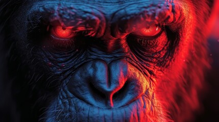   A tight shot of a monkey's face with radiant red and blue beams emanating from its eyes