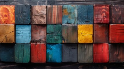 Colorful abstract pattern of repurposed wooden blocks.