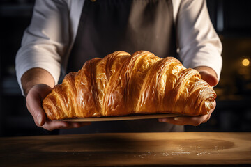 Close-up of a Baker's Hands Presenting a Freshly Baked Golden Croissant in a Warmly Lit Bakery
