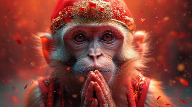   A tight shot of a monkey donning a red hat and bringing his hands up to his face, surrounded by flying confetti