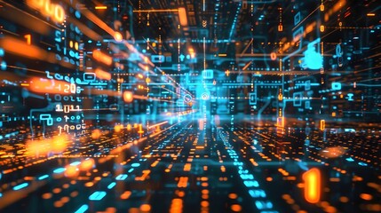 An abstract image representing the concept of digital transformation in the economy, with binary code and futuristic elements symbolizing technological progress.