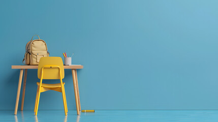 3d render of school desk with backpack and chair on blue background - obrazy, fototapety, plakaty