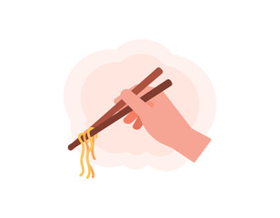 illustration of a hand using chopsticks to pick up noodles. eat noodles with chopsticks. tools for eating. food. flat or cartoon style illustration design. graphic elements. vector