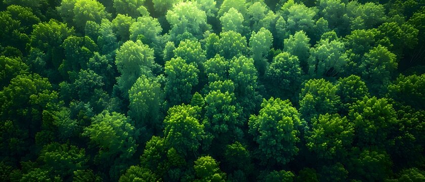 A dense forest of green trees, with a mix of large and small trees. The image is taken from above, showing the top of the trees.