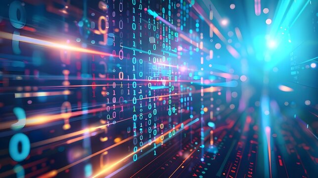 An abstract image representing the concept of digital transformation in the economy, with binary code and futuristic elements symbolizing technological progress.