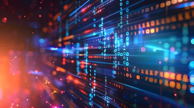 An abstract image representing the concept of digital transformation in the economy, with binary code and futuristic elements symbolizing technological progress.