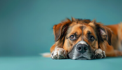 A brown and white dog is laying on a blue surface. The dog has a sad expression on its face. a dog laying down and looking extremely bored with a solid light teal blue background
