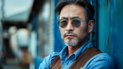Obraz premium A man with a beard and glasses stands in front of a blue wall. He is wearing a blue shirt and a brown vest. blue collar worker who is rich lifestyle image