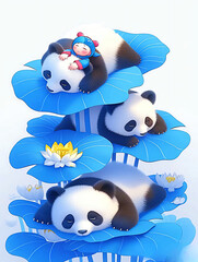 3 cute baby panda sleeping on blue flowers leaves.Animated cartoon Ai generated photo.