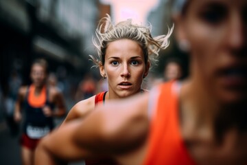 Competitive spirit with a close-up shot of a female runner's determined eyes as they overtake a rival in the marathon - obrazy, fototapety, plakaty