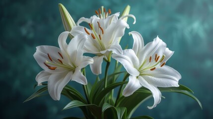   A vase holds white lilies atop a blue-green tablecloth, bordering a blue wall behind