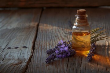   A bottle of lavender oil and two sprigs of lavender flowers on a wooden table