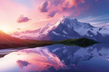 Dekokissen A majestic mountain landscape at sunset, snow-capped peaks, a crystal-clear lake reflecting the vibrant sky, serene nature. Resplendent. © Summit Art Creations