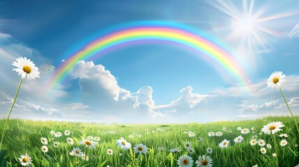 Fototapeta premium Vibrant Rainbow Over a Blooming Daisy Field on a Sunny Day, Idyllic Nature Scenery for Calm Backgrounds and Peaceful Themes. AI