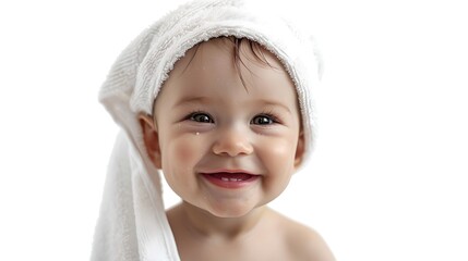 Smiling Baby with Towel on Head, Innocent Joy and Purity Captured. Perfect for Family Themed Projects, Isolated on White. AI