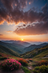 Fototapeta na wymiar Panoramic view of colorful sunrise in mountains