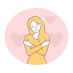 A smiling woman hugs herself to show self-love Happy girl hugs herself