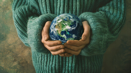 Hands cradling a painted globe against a green background.