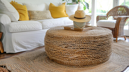 Fototapeta premium Round coffee table against white sofa with yellow pillows. luxry Farmhouse