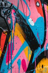 Close-up of a graffiti mural, clashing colors, dripping paint, urban energy