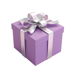 Obraz premium Purple gift box with silver ribbon and bow on Transparent Background