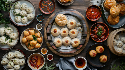 Obraz na płótnie Canvas Dim Sum Delights: A Symphony of Dumplings, Buns & Pastries