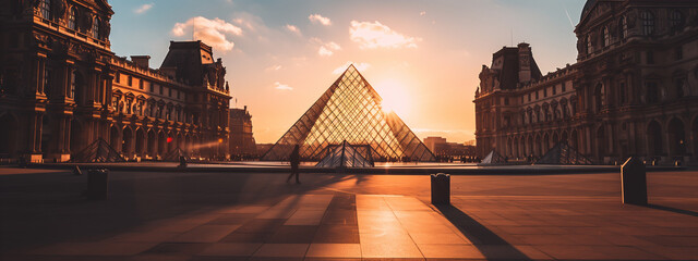 Louvre Museum with Louvre Pyramid at evening at sunset in Paris France - obrazy, fototapety, plakaty